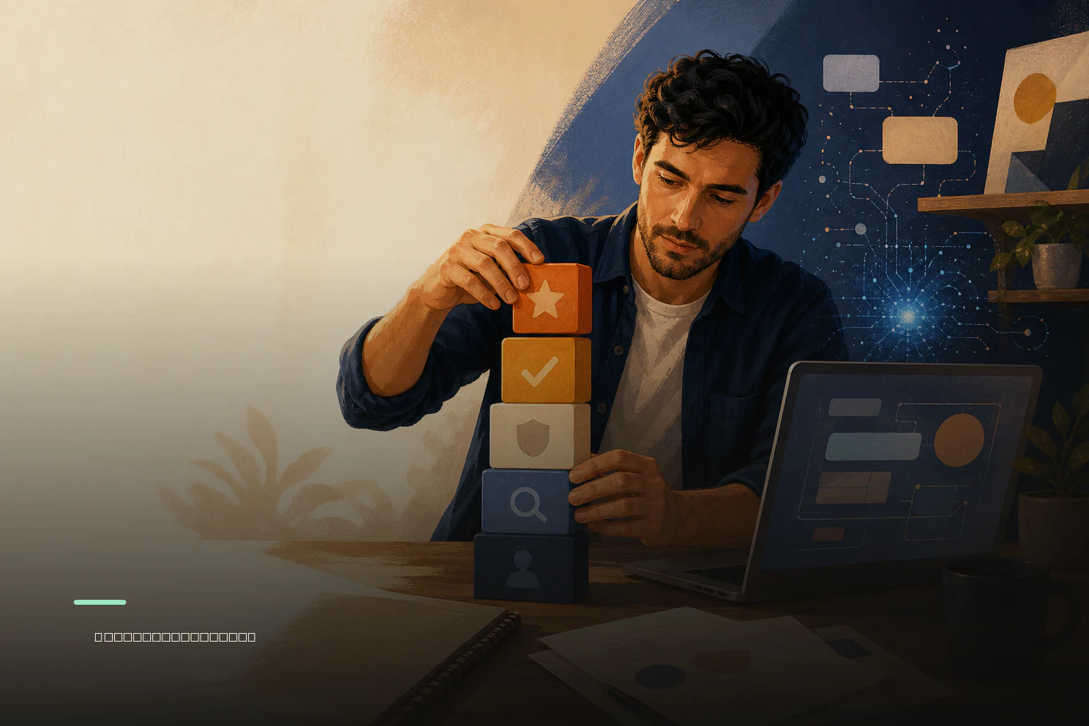 Editorial illustration of a founder organizing simple blocks into a clear AI product message.