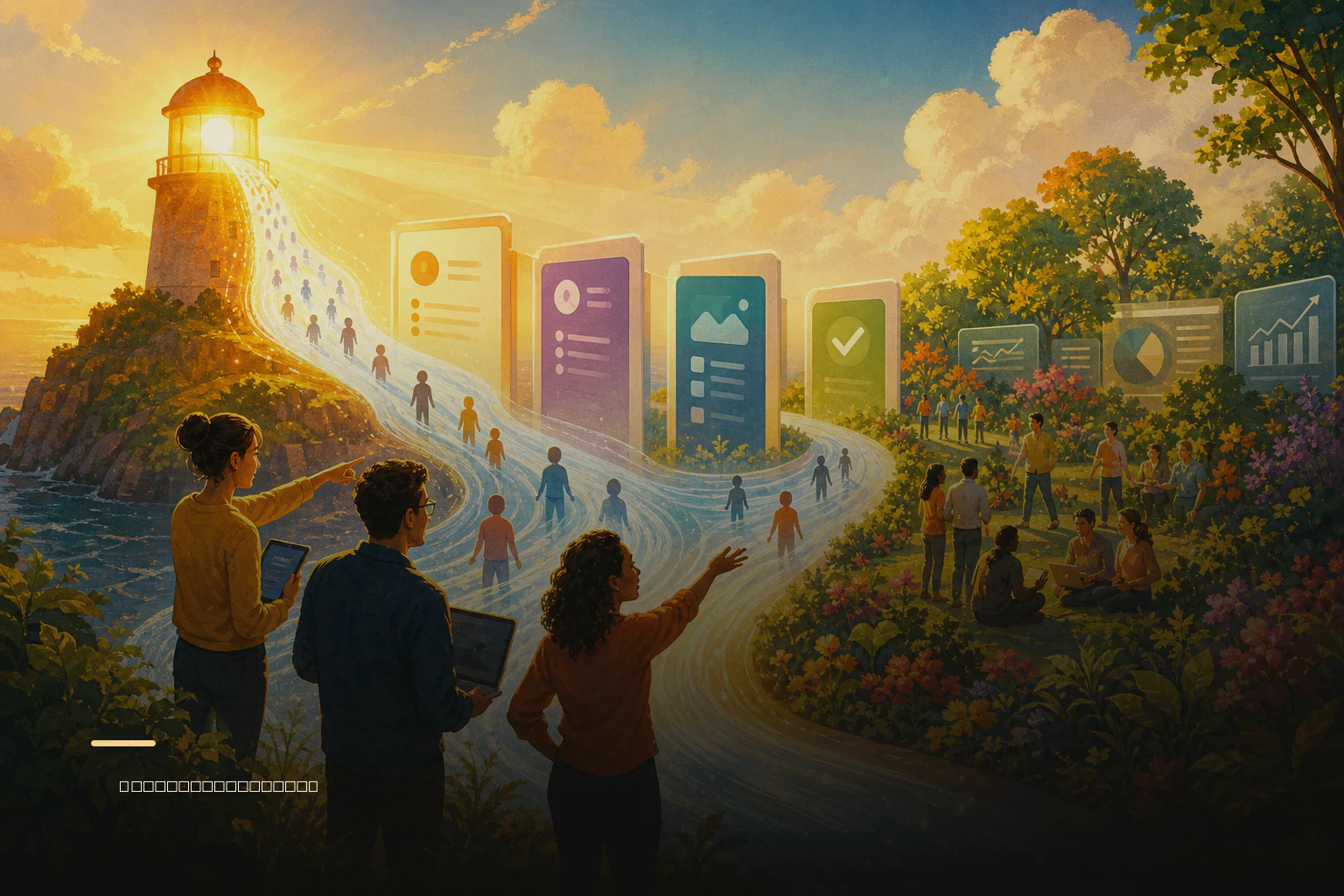 Editorial illustration showing launch visitors moving through a clear onboarding path toward active product use.