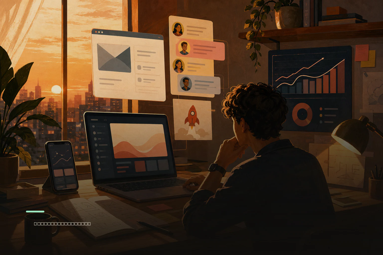 Editorial illustration of a founder preparing a software product announcement across several launch channels.