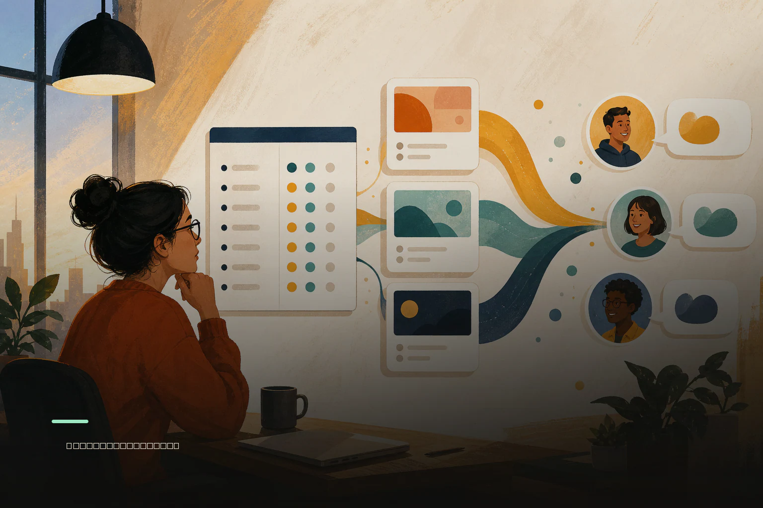Editorial illustration of a solo founder using a launch-readiness scorecard while connecting a software product with early-user feedback conversations.