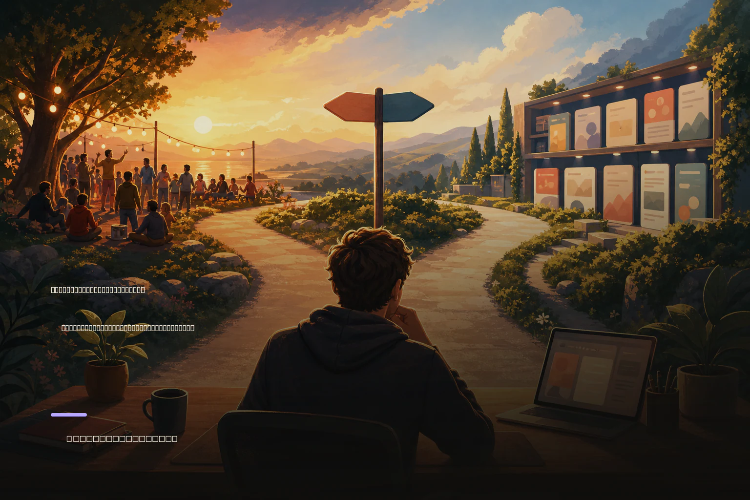 Illustration of a software founder choosing between a community launch event and an evergreen product directory.