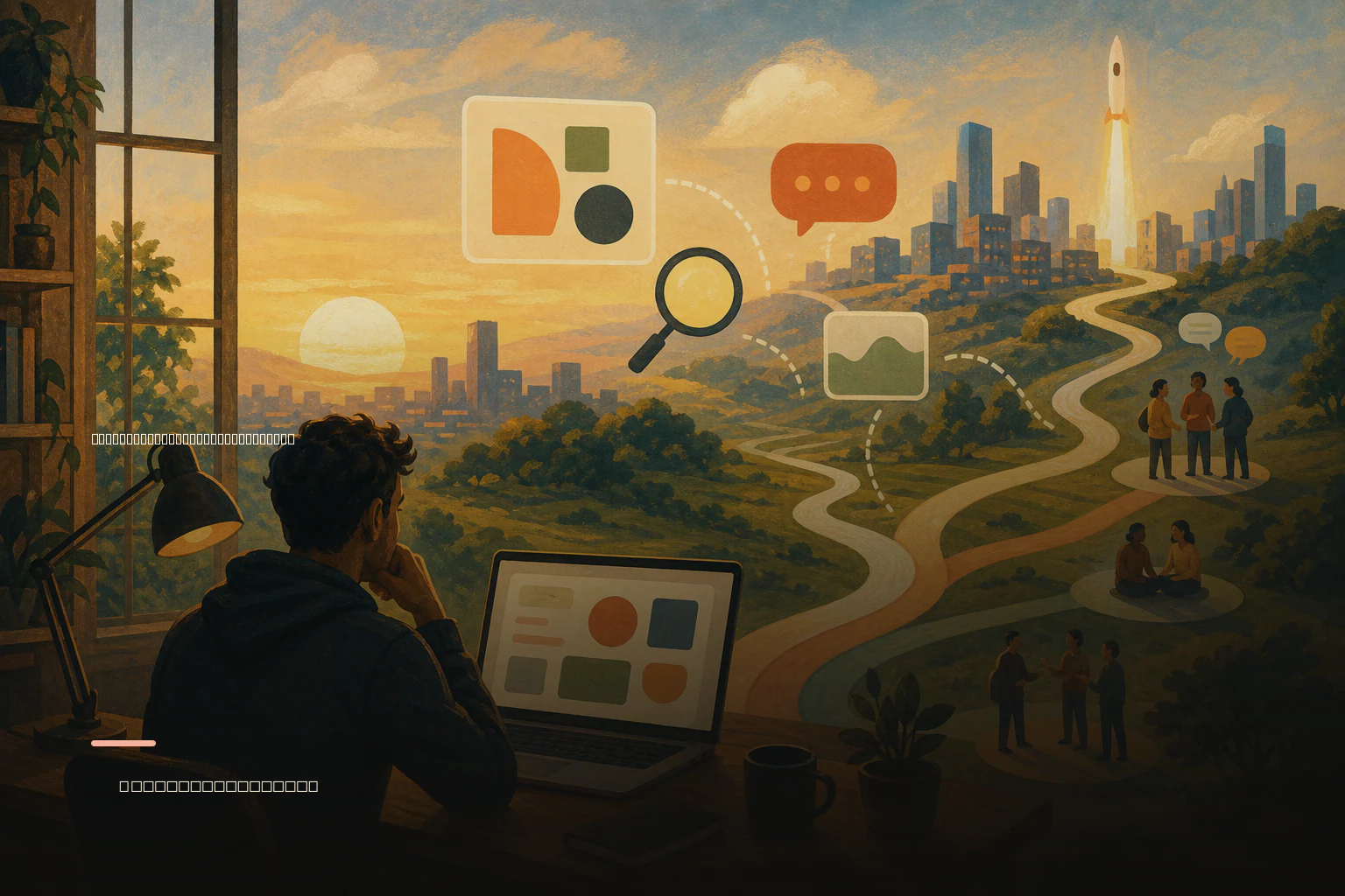 Editorial illustration of a maker connecting a new software app with communities, search, and early users.